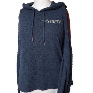 Tommy Hilfiger Terrycloth Pullover Hoodie Navy Blue and Red Size Small